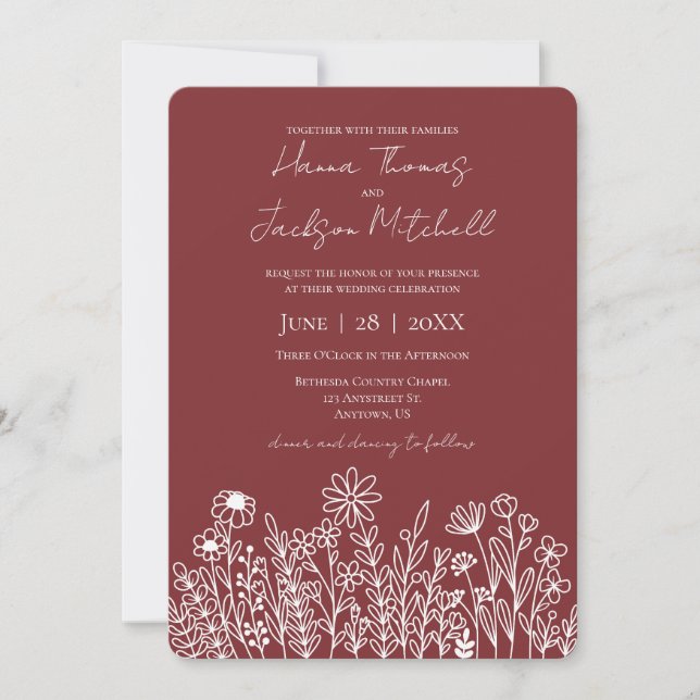 Floral Doodle Lässig Rustikale Rote Hochzeit Einladung (Vorderseite)