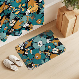 Floral Doodles Aqua Teal Mustard Black White Badematte