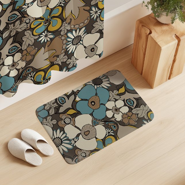 Floral Doodles Turkish Blue Umber Brown Mustard  Badematte (Von Creator hochgeladen)