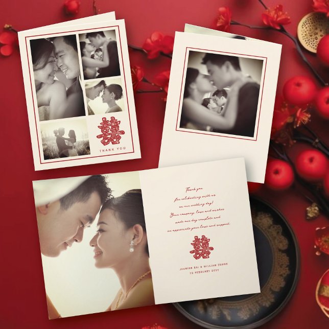 Floral Double Happiness Chinesisch Hochzeit 4 Foto Dankeskarte (Red/Ivory Floral Papercut Elegant Double Happiness Chinese Wedding 4 Photo Thank You Folded Card)