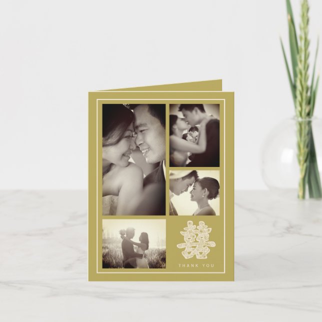 Floral Double Happiness Chinesisch Hochzeit 4 Foto Dankeskarte (Vorderseite)