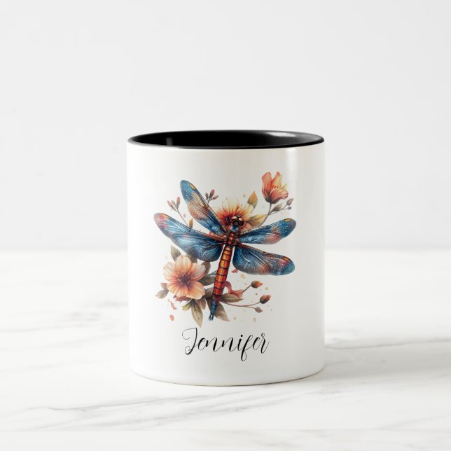 Floral Dragonfly Personalisierter Name Zweifarbige Tasse (Mittel)