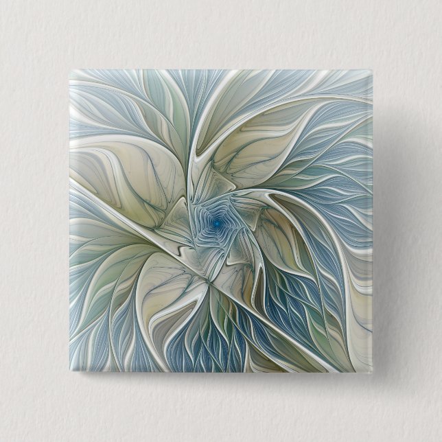 Floral Dream Muster Abstraktes Blue Khaki Fraktal Button (Vorderseite)