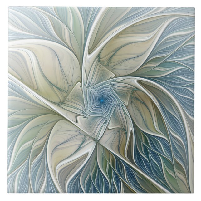 Floral Dream Muster Abstraktes Blue Khaki Fraktal Fliese (Vorderseite)