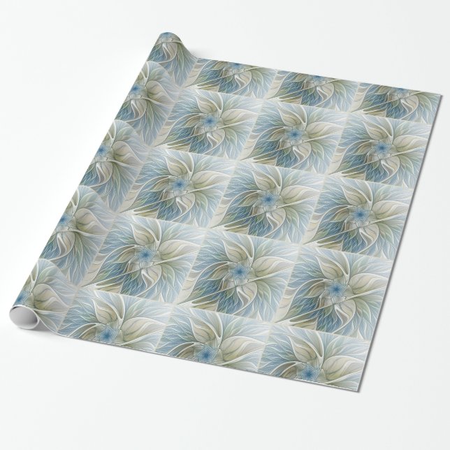 Floral Dream Muster Abstraktes Blue Khaki Fraktal Geschenkpapier (Ungerollt)