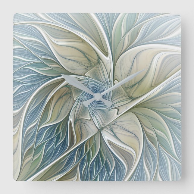 Floral Dream Muster Abstraktes Blue Khaki Fraktal Quadratische Wanduhr (Vorderseite)