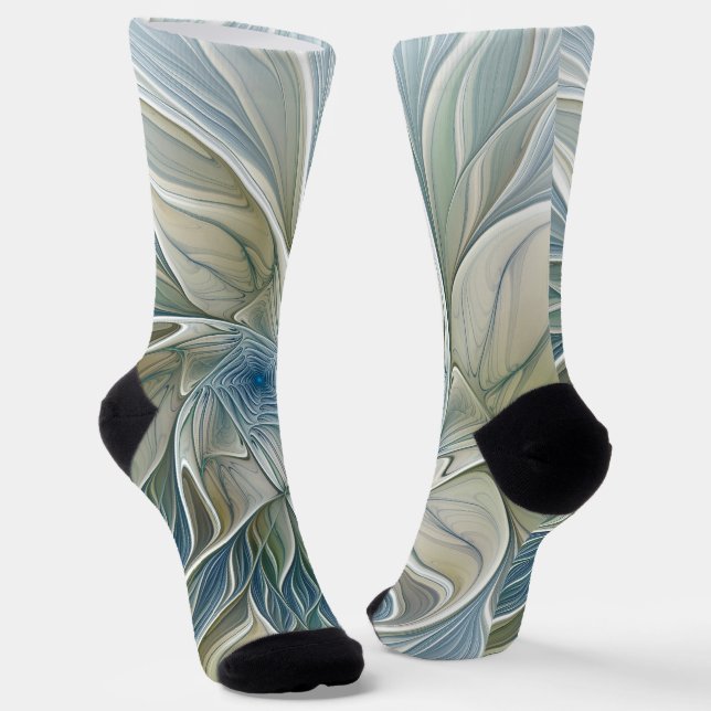 Floral Dream Pattern Abstract Blue Khaki Fractal Socken (Gewinkelt)