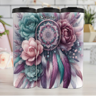 Floral Dreamcatcher mit Aquamarinen und Lila Feder Thermosbecher