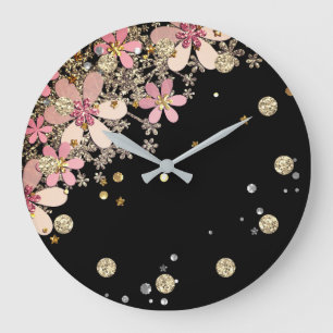 Floral dunkel Blume Glitzer silber elegante schwar Große Wanduhr