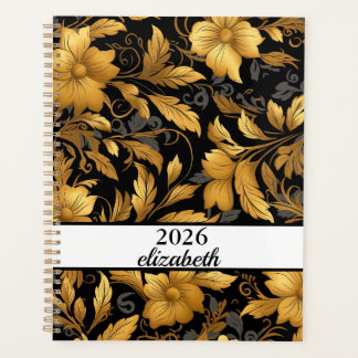 Floral dusty black and gold name script planer