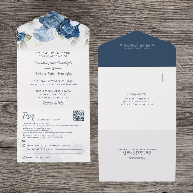 Floral Dusty Blue Botanical Script Wedding All In One Einladung (All-in-One Dusty Blue Floral Wedding Invitation)