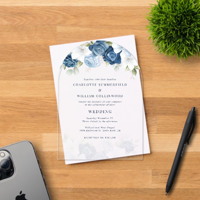 Floral Dusty Blue Botanical Wedding Acryleinladungen (Insitu (Einladungskarte))