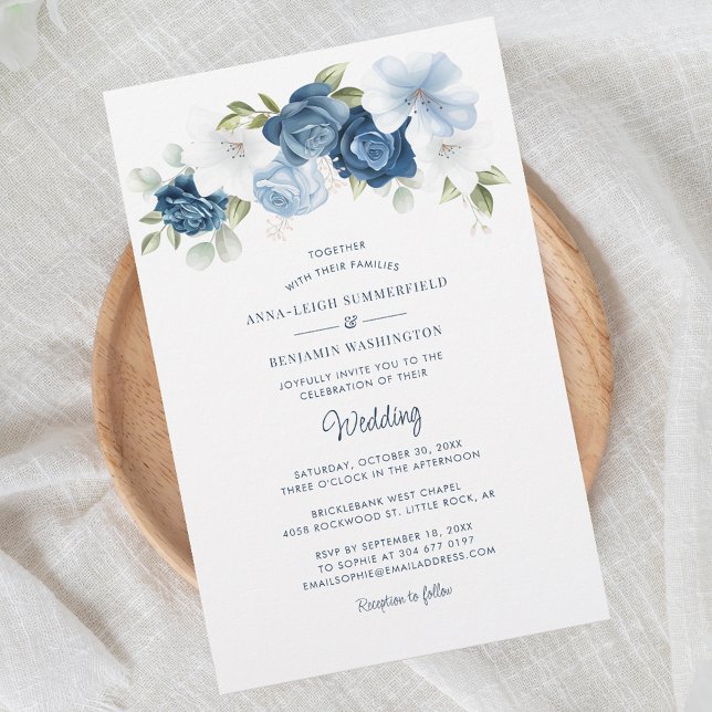 Floral Dusty Blue Botanical Wedding Einladung (Dusty Blue Floral Watercolor Script Wedding Invitation)