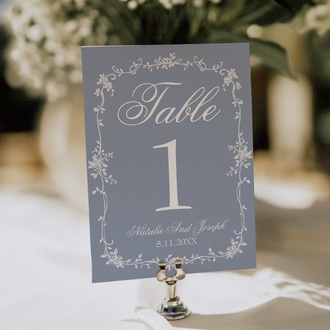 Floral Dusty Blue Botanical Wedding Table Number Einladung (Von Creator hochgeladen)