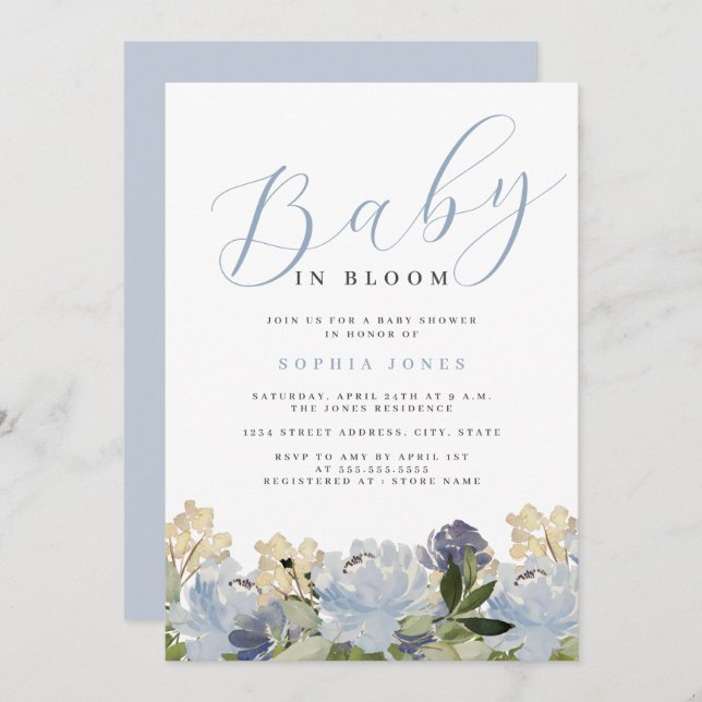 Floral Dusty Blue Boy Baby in Bloom Baby Dusche Einladung (Vorne/Hinten)