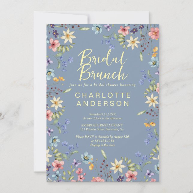 Floral Dusty Blue Brautparty Bridal Brunch Einladung (Vorderseite)