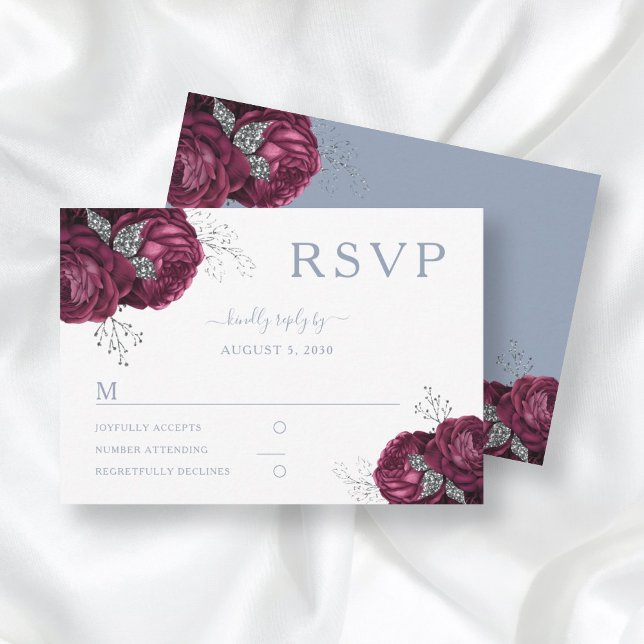 Floral Dusty Blue Burgundy Peonies Elegante Hochze RSVP Karte (Von Creator hochgeladen)