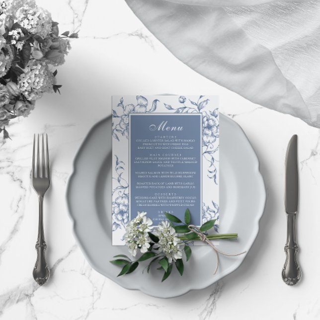 Floral Dusty Blue Elegante Wedding Menükarte (Von Creator hochgeladen)