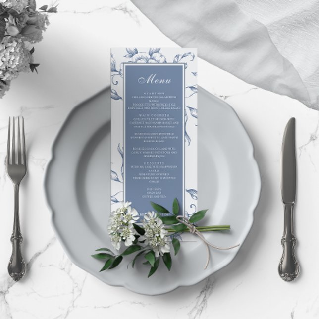 Floral Dusty Blue Elegante Wedding Menükarte (Von Creator hochgeladen)