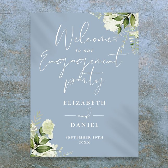 Floral Dusty Blue Engagement Party Begrüßungsunter Poster (Floral Dusty Blue Engagement Party Welcome Sign)