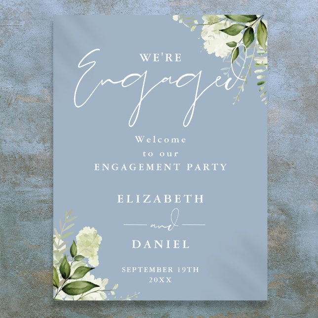 Floral Dusty Blue Engagement Party Begrüßungsunter Poster (Floral Dusty Blue Engagement Party Welcome Sign)