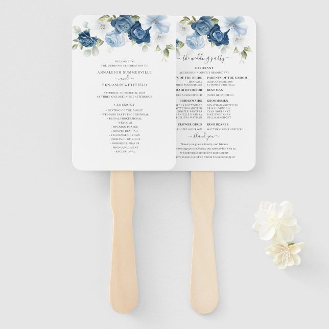 Floral Dusty Blue Eucalyptus Wedding Program Fächer (Vorne und Hinten)