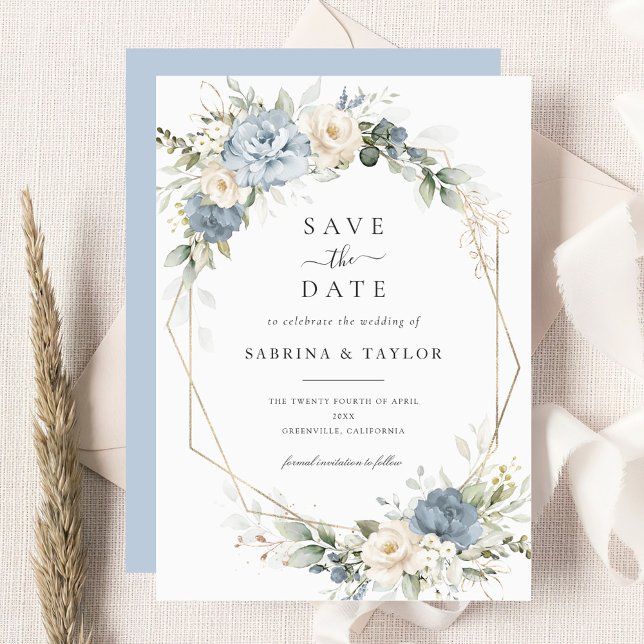 Floral Dusty Blue Greenery Wedding Save The Date Einladung (Von Creator hochgeladen)