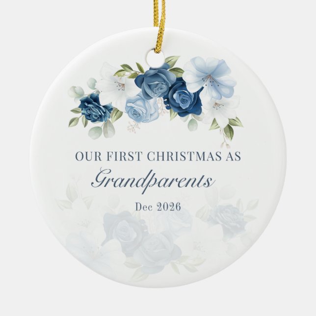 Floral Dusty Blue Großeltern 1. Weihnachten Keramik Ornament (Vorne)