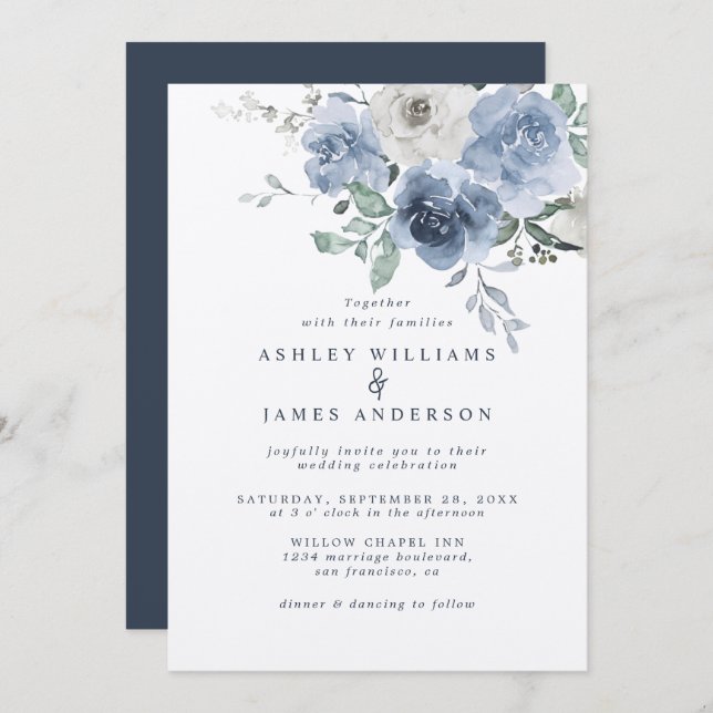 Floral Dusty Blue Ivory Rose Dark Blue Wedding Einladung (Vorne/Hinten)