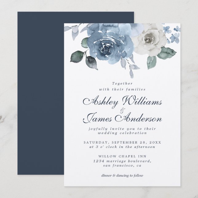 Floral Dusty Blue Ivory Rose Dark Blue Wedding Einladung (Vorne/Hinten)