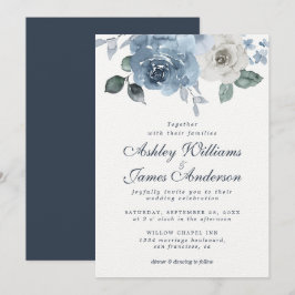 Floral Dusty Blue Ivory Rose Dark Blue Wedding Einladung