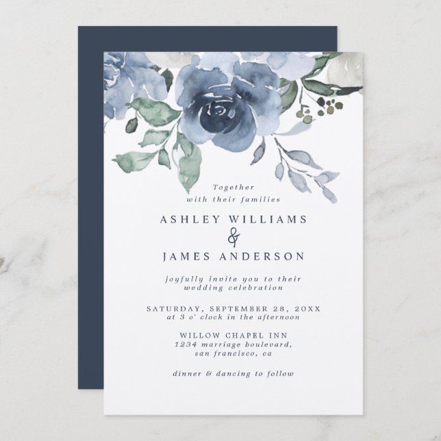 Floral Dusty Blue Ivory Rose Dark Blue Wedding Einladung (Vorne/Hinten)