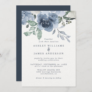 Floral Dusty Blue Ivory Rose Dark Blue Wedding Einladung