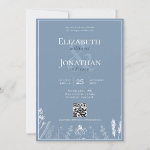 Floral Dusty Blue Monogram Border QR Foto Wedding Einladung