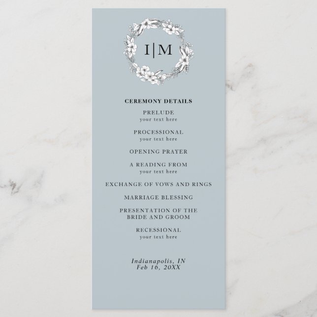 Floral Dusty Blue Monogram Wedding Program Programm (Vorderseite)
