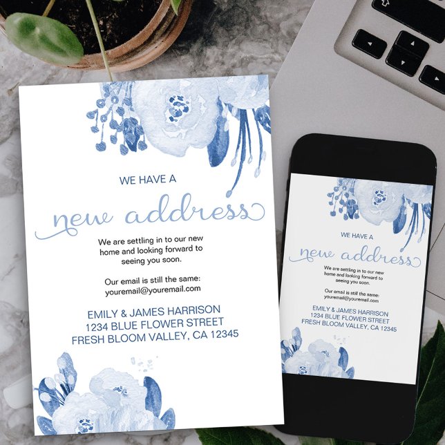 Floral Dusty Blue New Address Moving Ankündigung (dusty blue floral new address card available printed or as printable digital download)