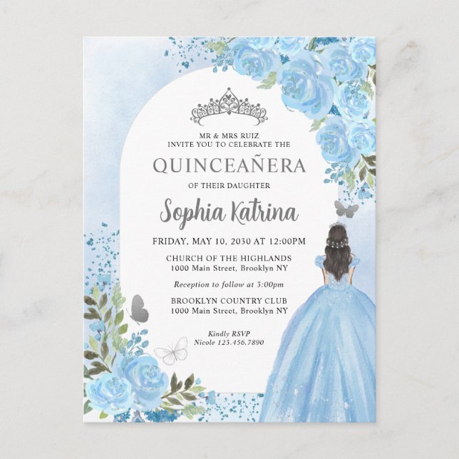 Floral Dusty Blue Princess Birthday Quinceanera Einladungspostkarte (Vorderseite)