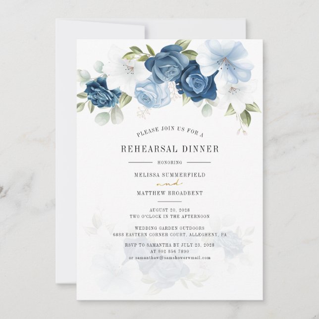 Floral Dusty Blue Probe Abendessen Einladung (Vorderseite)