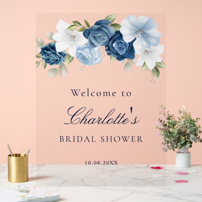 Floral Dusty Blue Script Brautparty Willkommen Acrylschild (Hochzeit)