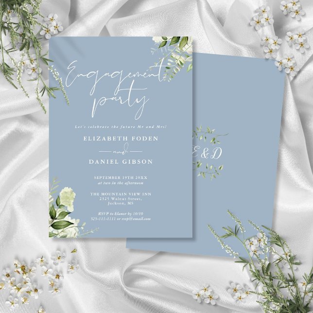 Floral Dusty Blue Script Engagement Party Einladung (Floral Dusty Blue Script Engagement Party Invitation)