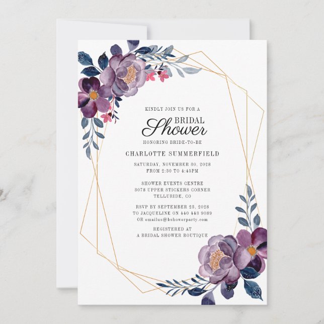 Floral Dusty Blue Script Geometric Brautparty Einladung (Vorderseite)