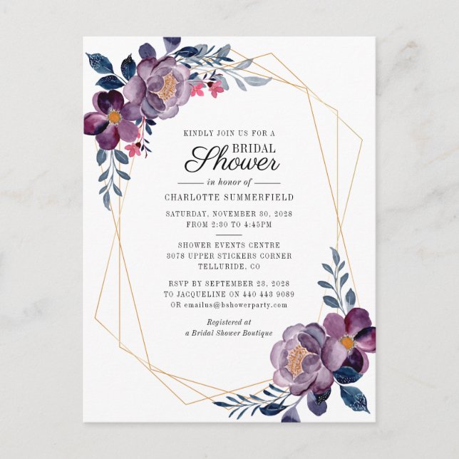 Floral Dusty Blue Script Geometric Brautparty Einladungspostkarte (Vorderseite)