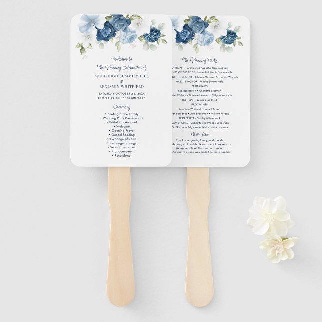Floral Dusty Blue Script Wedding Program Fächer (Vorne und Hinten)