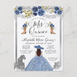 Floral Dusty Blue Silver Charra Horse Quinceanera Einladungspostkarte