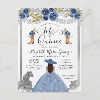 Floral Dusty Blue Silver Charra Horse Quinceanera Einladungspostkarte