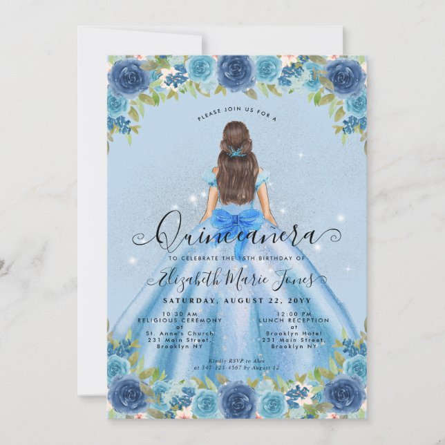 Floral Dusty Blue Silver Glam Princess Quinceanera Einladung (Vorderseite)