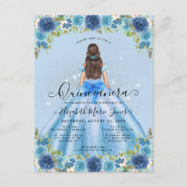 Floral Dusty Blue Silver Glam Princess Quinceanera Postkarte