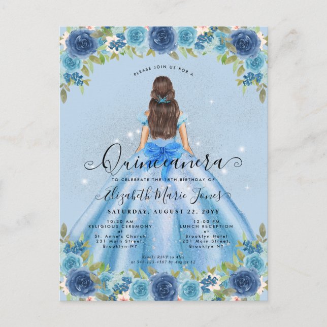 Floral Dusty Blue Silver Glam Princess Quinceanera Postkarte (Vorderseite)