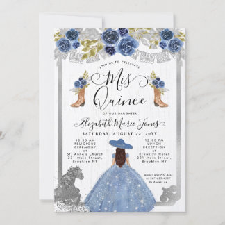 Floral Dusty Blue Silver Horse Charra Quinceanera Einladung