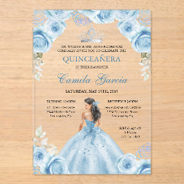 Floral Dusty Blue & Silver Princess Quinceañera Acryleinladungen